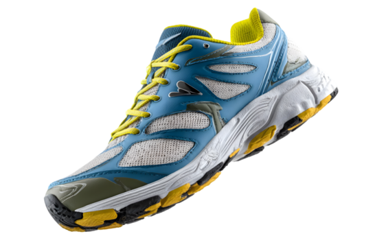 Vibrant running shoe in mid-air, showcasing dynamic design, suitable for athletic promotions