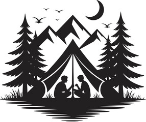 Two people sitting inside a tent at night with mountains and trees