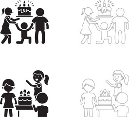 Birthday party group with cake and candles vector icons filled silhouette and outline set