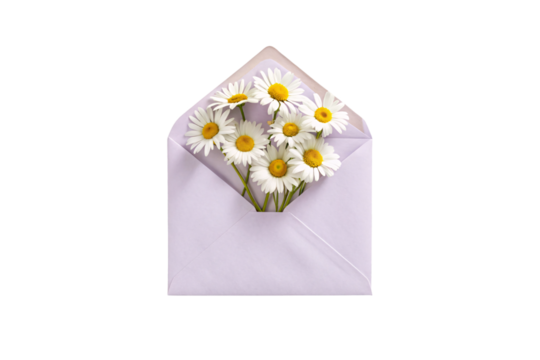 Lavender purple envelope opened with white daisy flowers cascading out beautifully, romantic spring themed composition, isolated on a transparent background