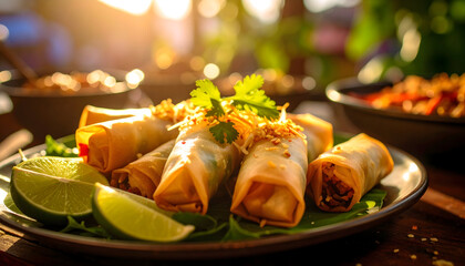 Golden Spring Rolls on a Plate with Lime and Herbs