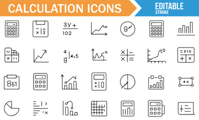 Set of minimalist calculation icons for financial analysis and reports.