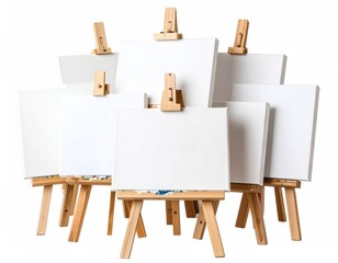Multiple Wooden Easels with White Blank Canvases Arranged against a White Background