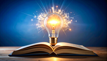 Glowing Lightbulb Emerging from Open Book on Wooden Table