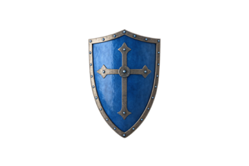 Blue medieval shield displaying ornate silver cross with decorative elements and traditional heraldic design principles, isolated on a transparent background