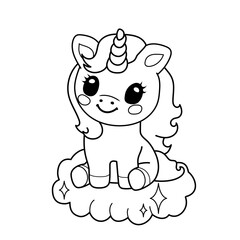 Cute  Unicorn sitting on a cloud outline illustration. Vector illustration for coloring book, coloring page