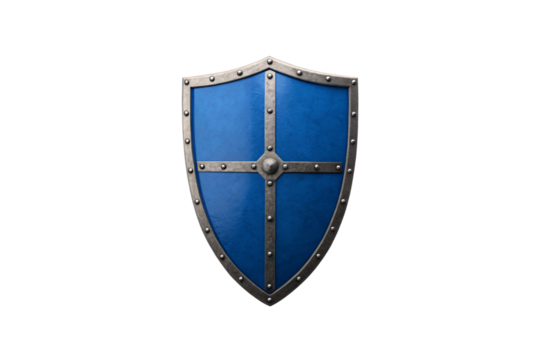Medieval blue shield with metal cross reinforcement and riveted border showing classic defensive weapon construction, isolated on a transparent background