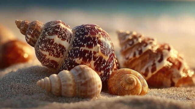 Close-up of multicolored sea shells on sandy beach with warm sunset lighting