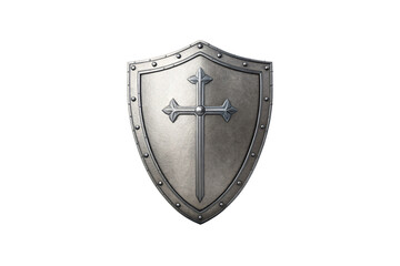 Polished silver shield displaying ornate cross with decorative elements and traditional medieval defensive weapon styling, isolated on a transparent background
