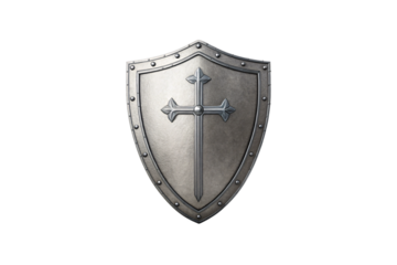Polished silver shield displaying ornate cross with decorative elements and traditional medieval defensive weapon styling, isolated on a transparent background