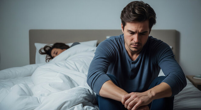 Man disappointed in himself due to premature ejaculation and erection problems. Man sitting on bed lost self-confidence due to unhappy and dissatisfied wife lying on bed in background