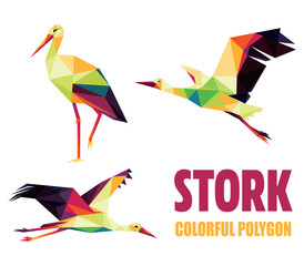 Stork brid Set in Colorful low poly polygonal.  Flying Stork Icon in abstract colorful logo. Vector of polygon white egret collection.