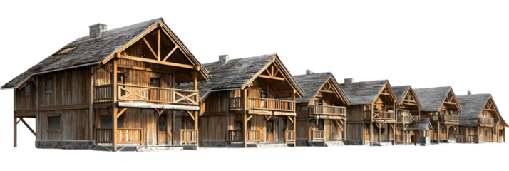 Row of rustic wooden chalets with sloped roofs, set against a snowy landscape, showcasing winter charm