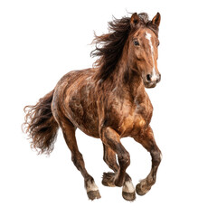 Obraz premium Full shot of a brown horse in motion. Wild, flowing mane and tail. Strong, powerful stance
