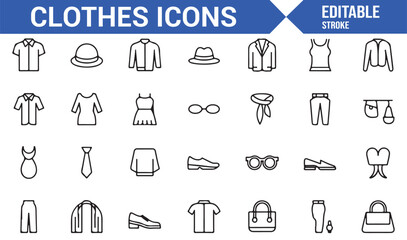 Clothing and accessories icons in a clean line style for fashion and retail use
