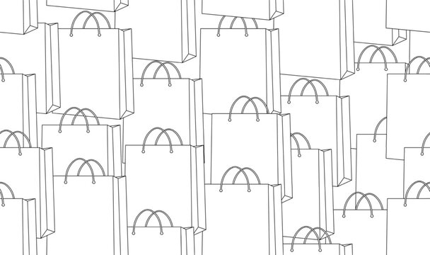 Seamless pattern of paper shopping bags outline. Handled retail bag icons in repeat layout. Ideal for packaging, commerce, market, wrapping, eco print.