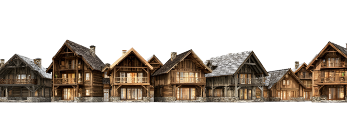 Scenic row of traditional wooden houses with intricate designs, set against a serene backdrop