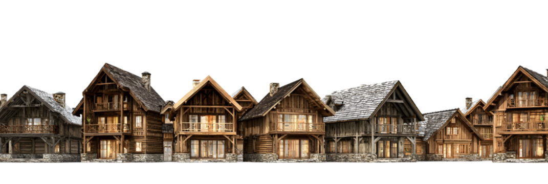 Scenic row of traditional wooden houses with intricate designs, set against a serene backdrop