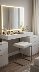 Modern white vanity with mirror and stool