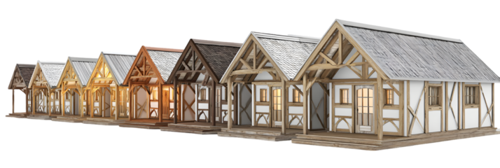 Row of six distinct wooden houses showcasing various architectural styles and colors against a clear sky