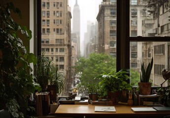 Office desk with indoor plants and view of New York City buildings through rainy window, modern interior
