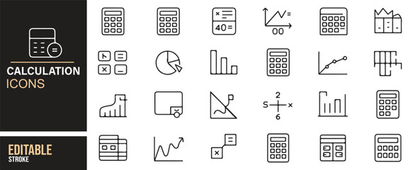 Collection of calculator, graph, and chart icons for use in business reports, financial analysis, and education.