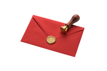 Red envelope with golden wax seal and wooden stamp tool positioned elegantly for correspondence, isolated on a transparent background