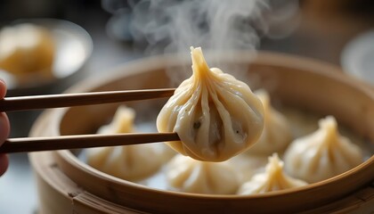 Steaming dumpling held by chopsticks, in a bamboo steamer, ready to be enjoyed