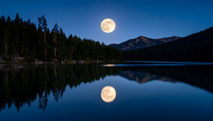 Full Moon Reflection on Serene Mountain Lake at Night