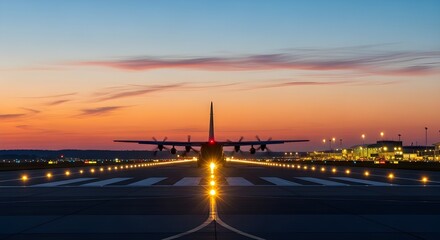 Lone Aircraft Taxiing with Illuminated Path at Dusk Under a Clear Twilight Sky
