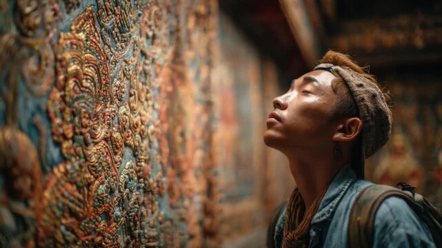 Young man in casual clothing and patterned headband admiring intricately carved wall art in vibrant cultural gallery