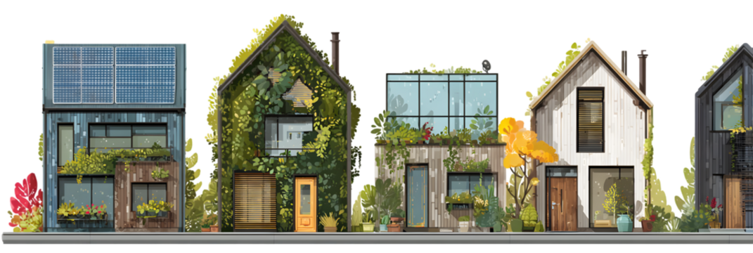 A row of modern eco-friendly houses showcasing green architecture with plants and solar panels