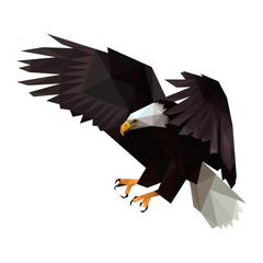 Flying Great Eagle in polygon low poly. Angry Eagle in abstract triangle. Eagle Low Poly American Logo.