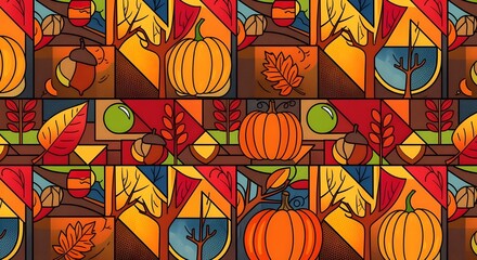 Vivid Pop Art Autumn Composition with Pumpkins and Leaves
