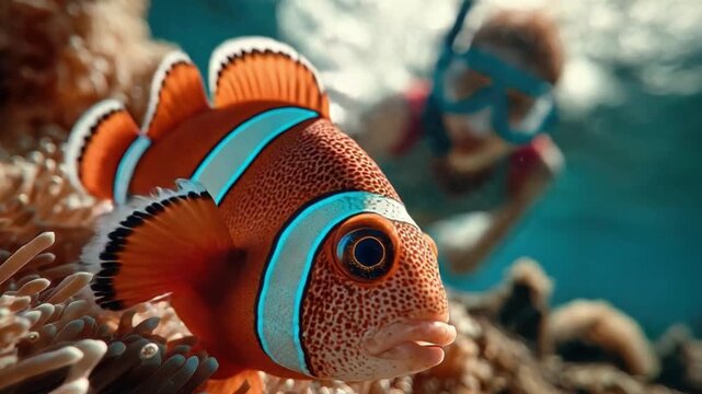 Close-up of a colorful firefish swimming among coral and an underwater diver in the background