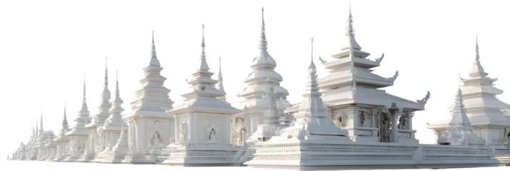 Intricate white pagodas lined up in a serene landscape, showcasing detailed architecture against a clear sky