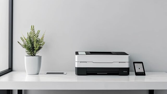 A well-organized workspace featuring a printer, tablet, and a decorative plant, promoting a functional and stylish environment