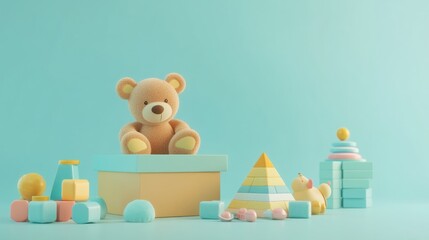 Cute teddy bear sitting in pastel gift box with colorful baby toys on light blue background.