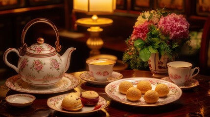 Fototapeta premium Elegant floral porcelain teapot and teacups with pastries and flowers arranged on a table