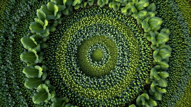 Aerial view of concentric circles formed by green leafy plants and small buds in a pattern