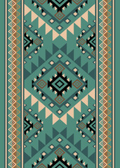 Vector geometric pattern, green tone, traditional ethnic ikat, seamless pattern, abstract fabric border for printing fabric, dress, carpet, curtain and batik, embroidery style, Aztec, African, Indian.