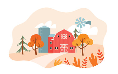 Autumn farm landscape. Red barn with a silo and a mill on a field. Rural landscape with fall farm. Flat vector illustration