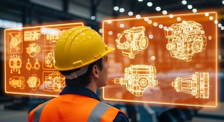Engineer analyzing industrial engine schematics on augmented reality screens