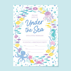 Kids Birthday party invitation. Undersea life design for girl's Birthday. Vector template for holiday