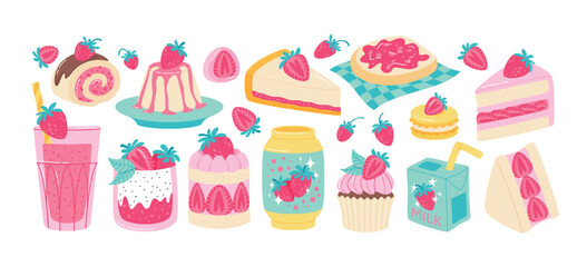 Various strawberry desserts set. Sweet food with strawberry flavor. Flat style sweet vector illustrations collection isolated