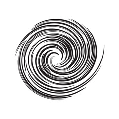 Abstract black swirl vortex, dynamic circular spiral shape with ink brush strokes, isolated graphic element.
