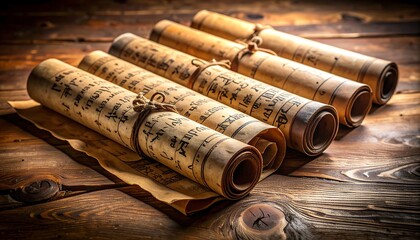 Fototapeta premium Ancient scrolls on a wooden surface
