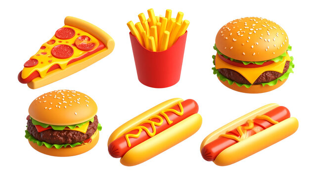 Collection set of 3d fast food icons isolated on transparent or white background, png