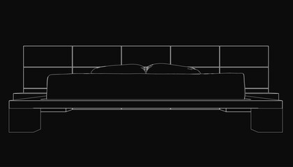 Black and white bed contour with plush pillows, clean outline against dark background, minimalist style, simple yet elegant design. Perfect for modern interior concepts.
