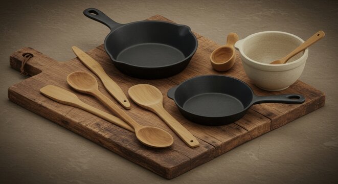 Kitchen Utensils and Cast Iron Cookware on Rustic Wooden Board